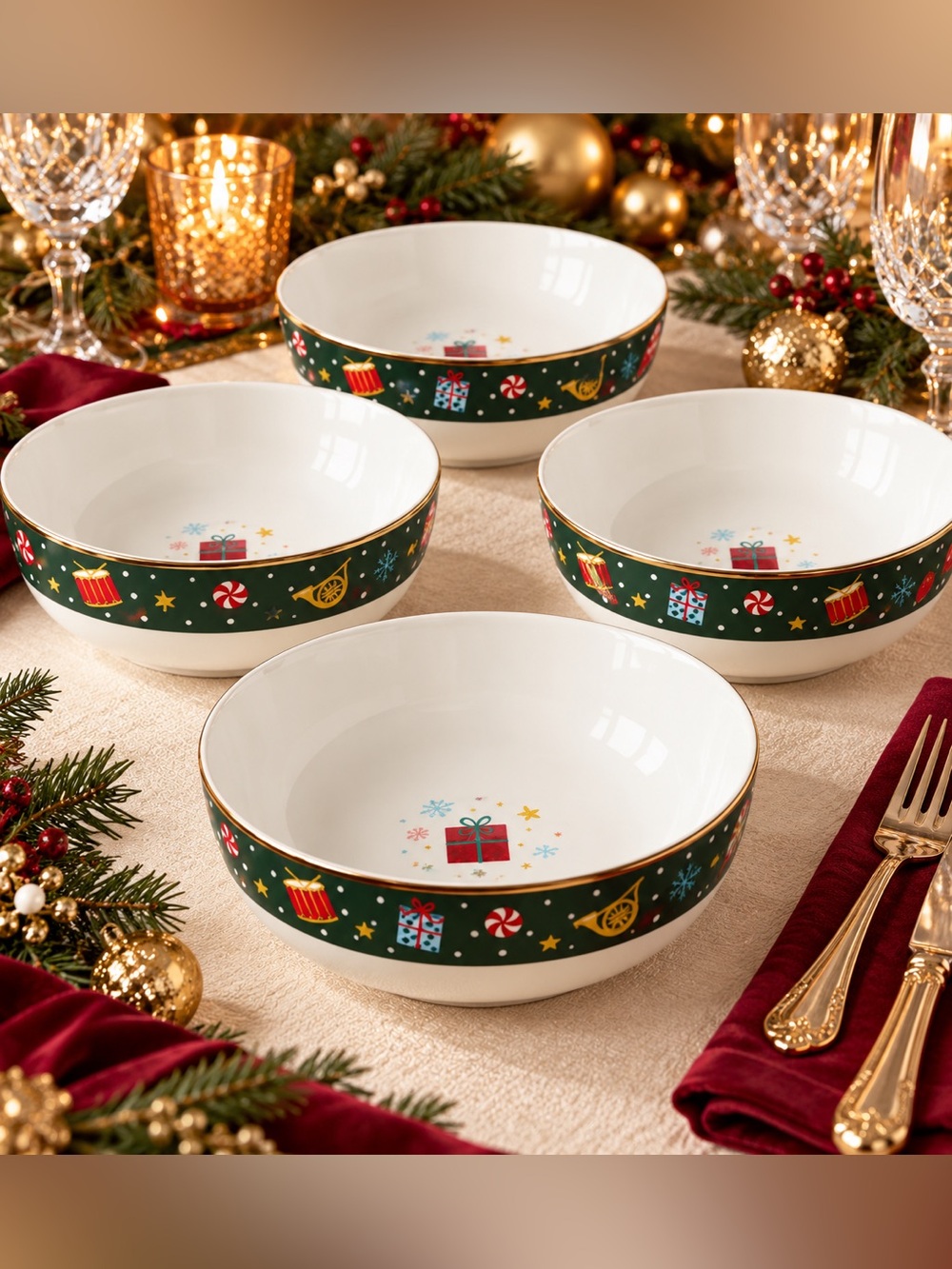Lenox Green and White Holiday Ceramic Serving Bowls - Set of 4